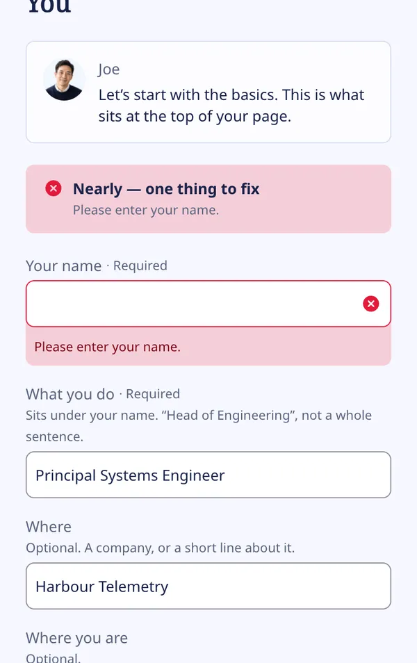 The same step with the name left empty. The error sits directly under the name field.