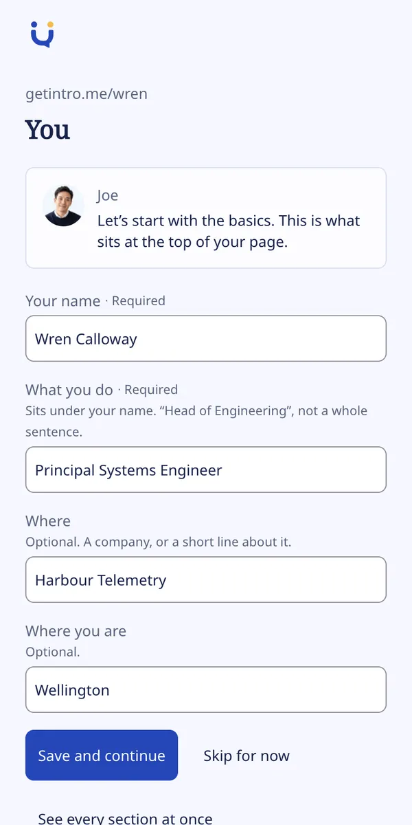 The first step on a phone, with large fields and the Save and continue button.